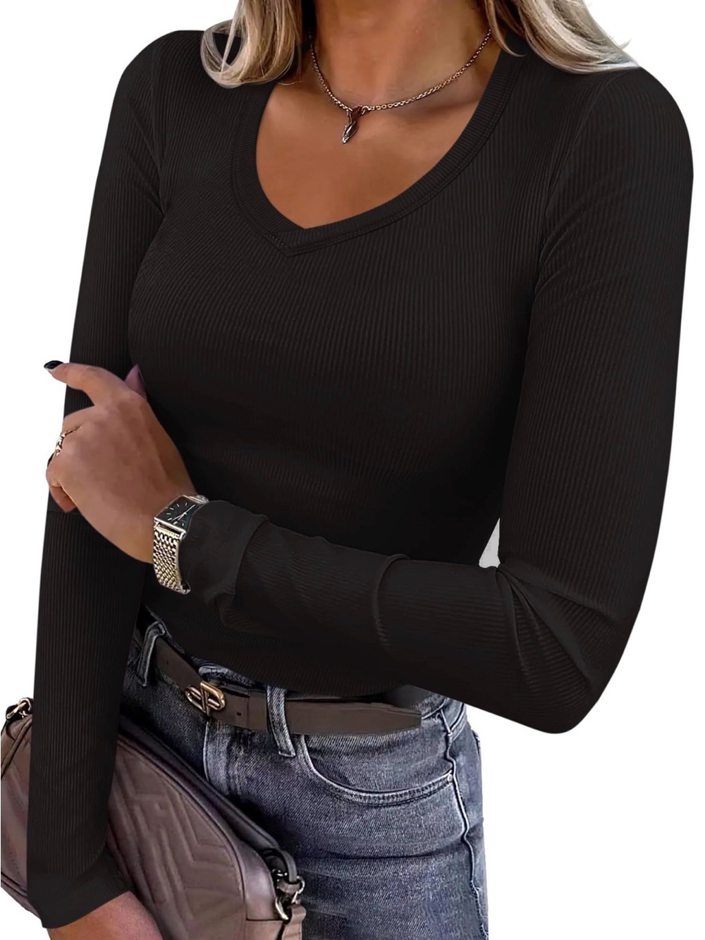 Women's Ribbed V-Neck Long Sleeve Top - Black